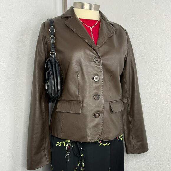 Lambskin Leather Brown Button Blazer Jacket Size Large - Picture 2 of 12